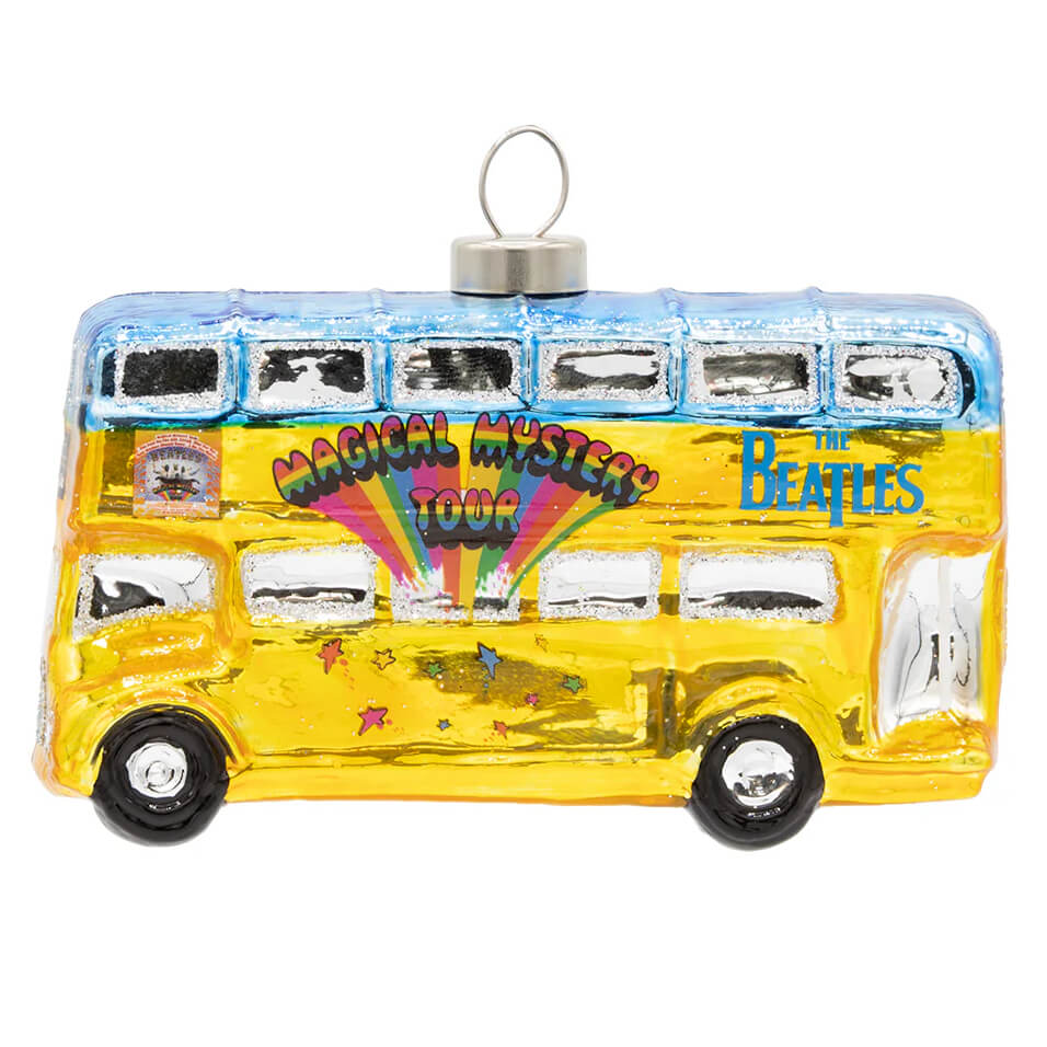 Yellow beatles magical mystery tour bus ornament featuring detailed design perfect for fans and decor