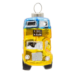 Vibrant yellow and blue glass beatles magical mystery tour bus ornament with glittery silver trim for musical artists decor