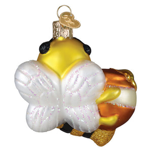 Bee sweet ornament is a glossy yellow and black glass honey bee ornament with glittery white wings and golden honeycomb