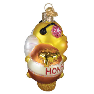 Bee sweet honey bee ornament with yellow glass body, glittery gold wings, pink flower eye patch, and honey pot figural decor