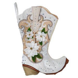 Beige and white cowgirl boot stocking with elegant white flowers green leaves and silver rhinestones embroidery