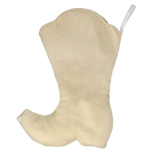 Beige suede bath mitt shaped like a classic western boot with a white pull tab from the white cowgirl boot stocking