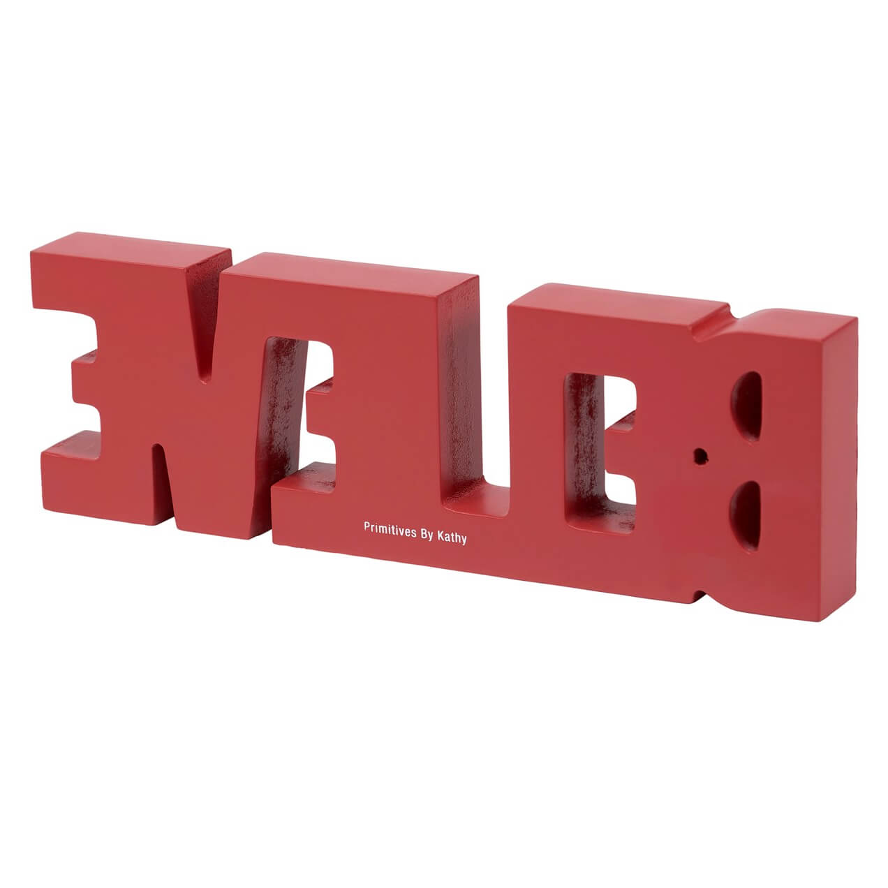 Red wooden decorative letters spelling ’XMB’.