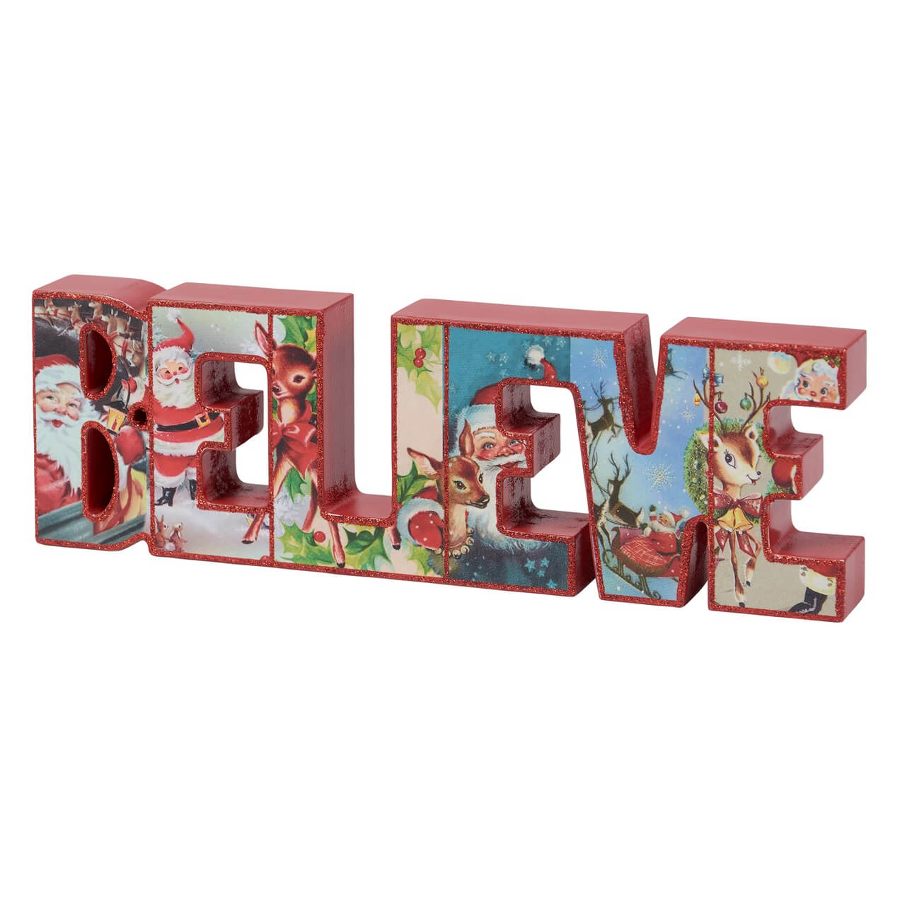 Decorative Christmas-themed ’BELIEVE’ word sign with festive illustrations.