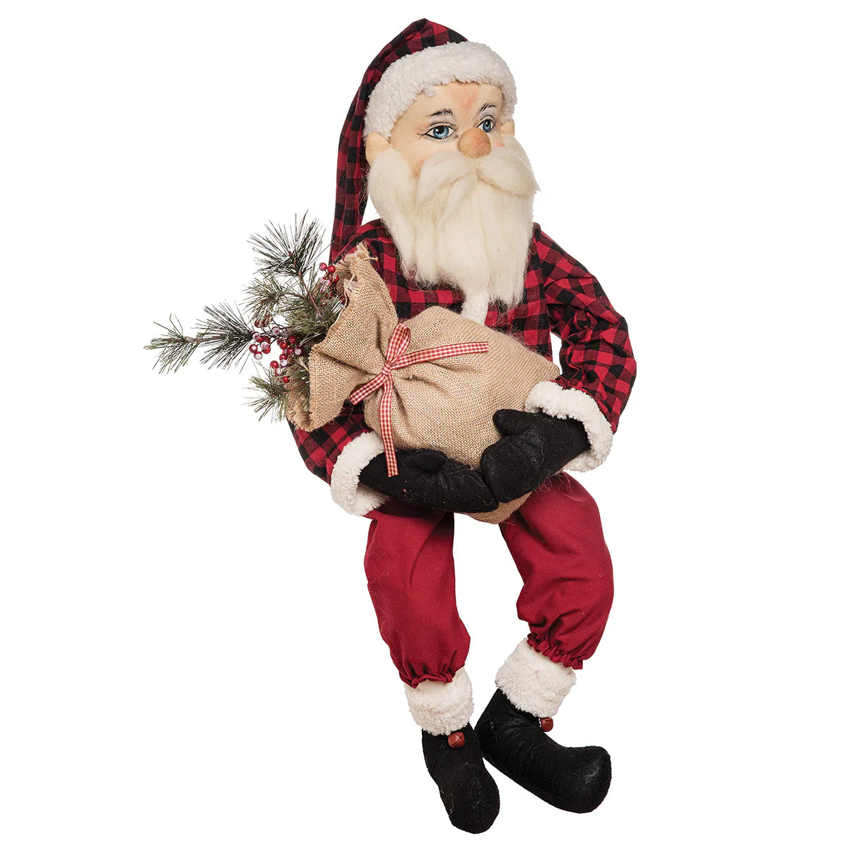 Red and black plaid berkeley santa figurine by joe spencer holding a burlap gift with red and white ribbon