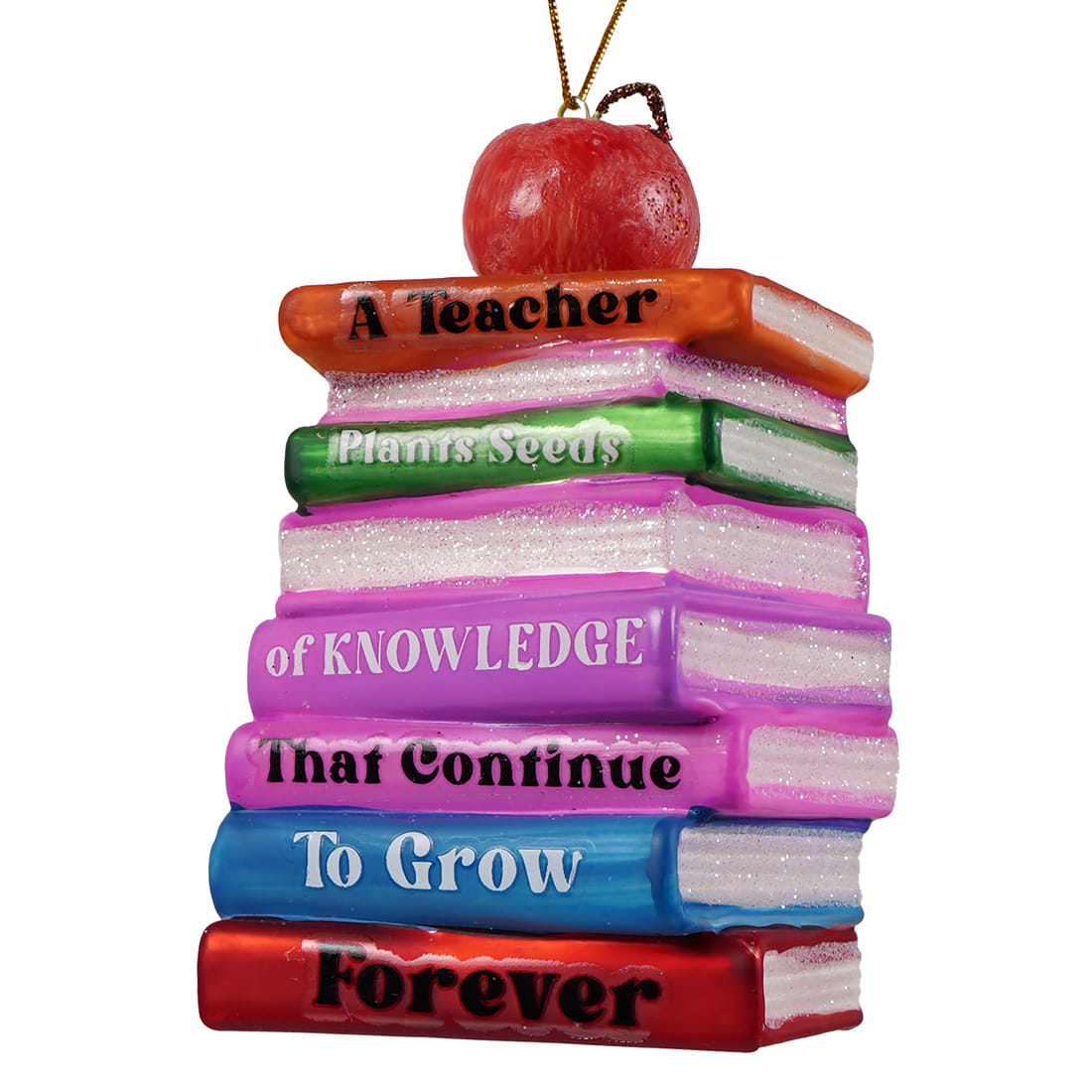 Best teacher ever glass ornament with colorful glittery book stack and red apple, perfect cody foster measuring cup ornament
