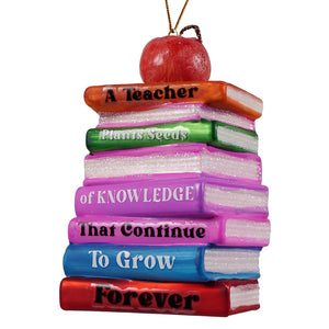 Best teacher ever glass ornament with colorful glittery book stack and red apple, perfect cody foster measuring cup ornament