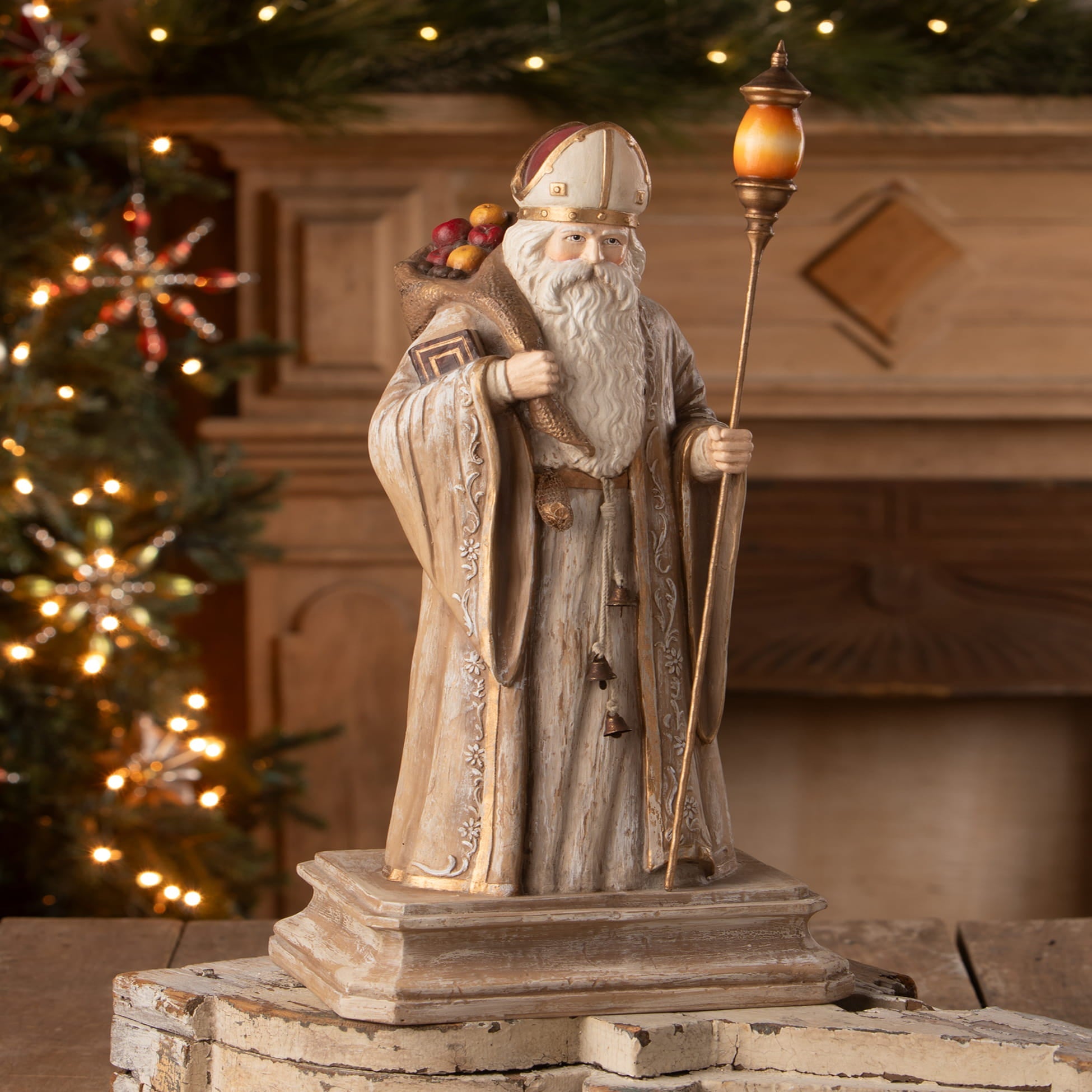 Bethany lowe designs antique st nicholas figurine with long white beard ornate robe crown and lantern-topped staff santa figures folk art santas