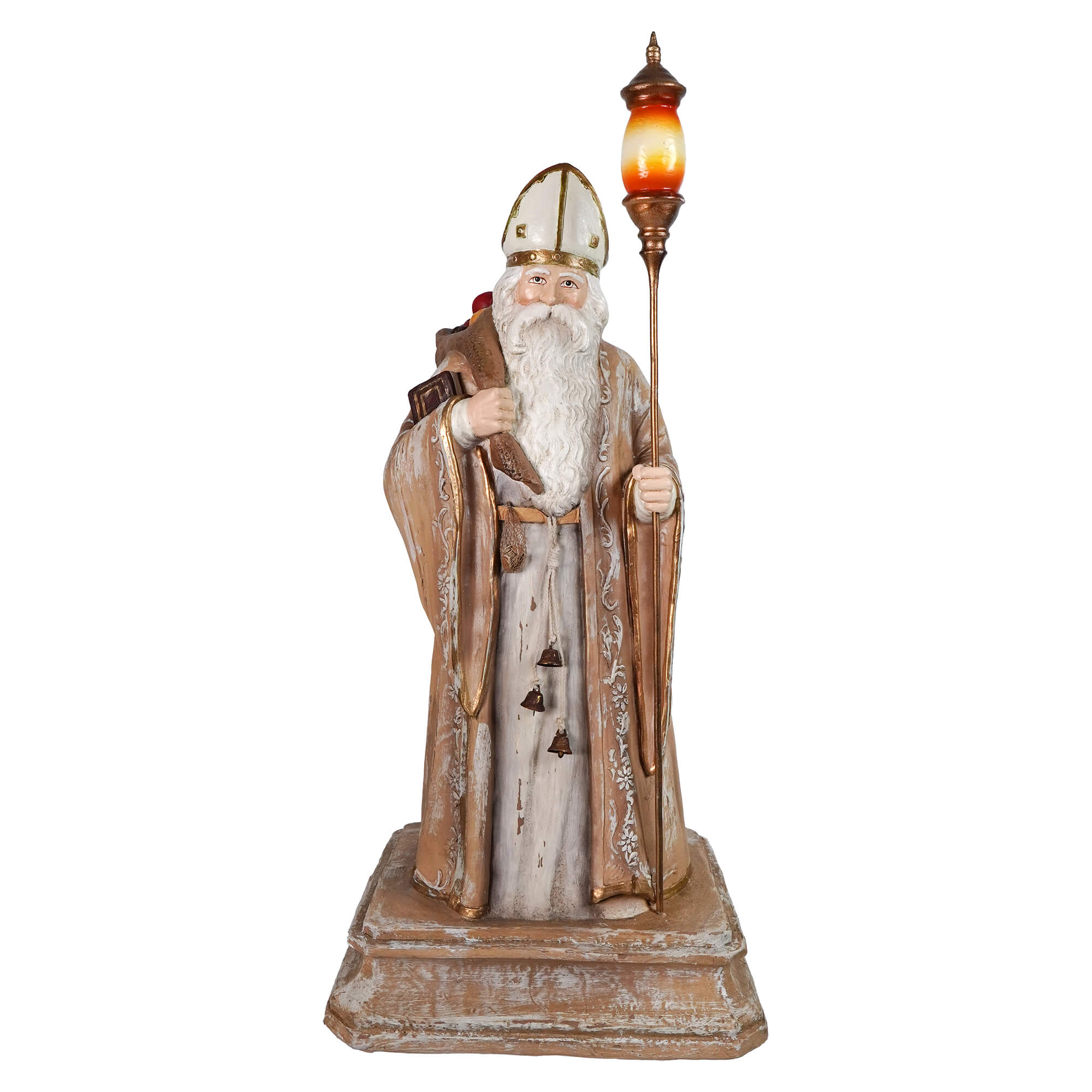 Detailed weathered resin saint nicholas statue in bishop robe with gold trim holding lantern by bethany lowe designs santa figures
