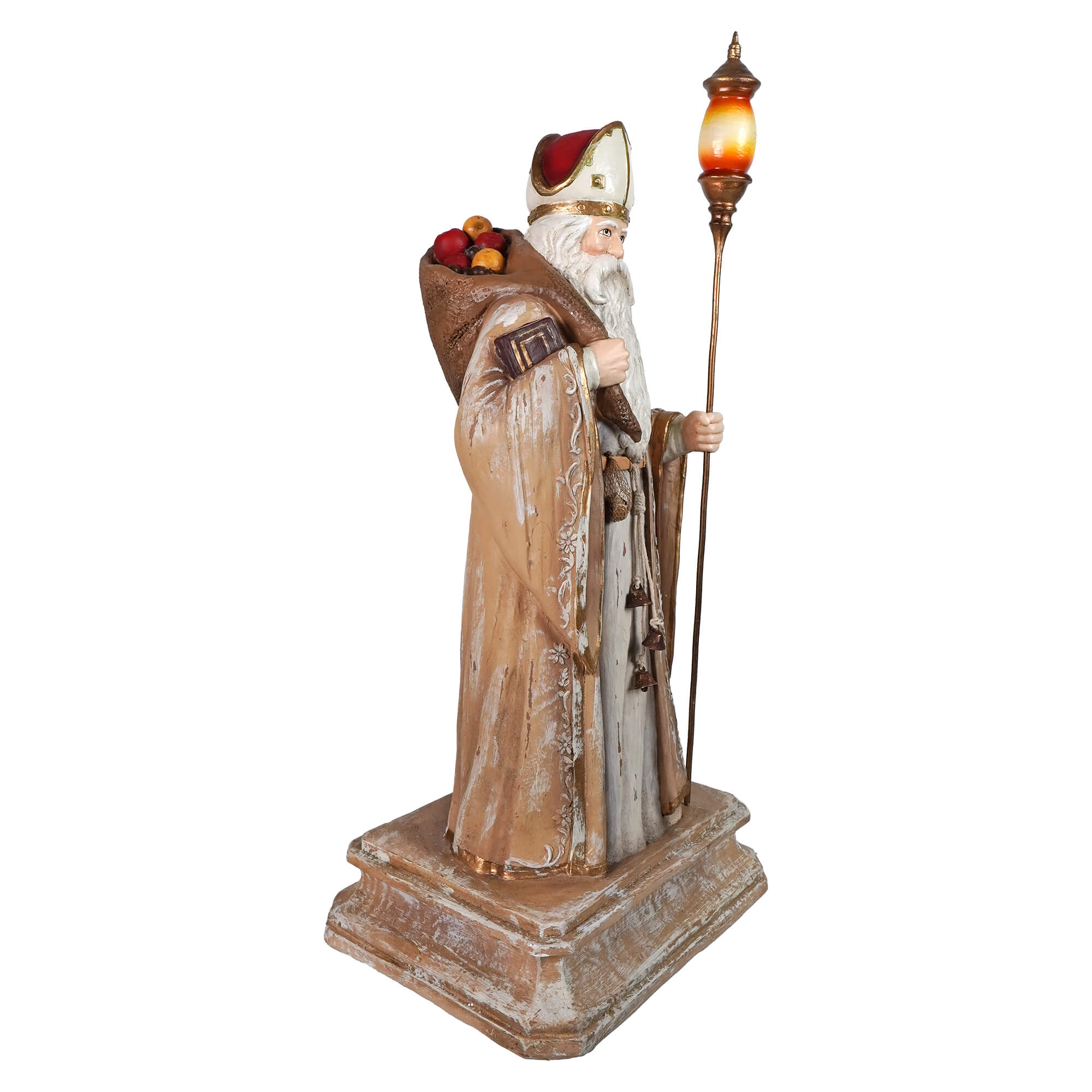 Bethany lowe designs life-sized antique st nicholas statue in beige white robe with gold trim holding a lit lantern