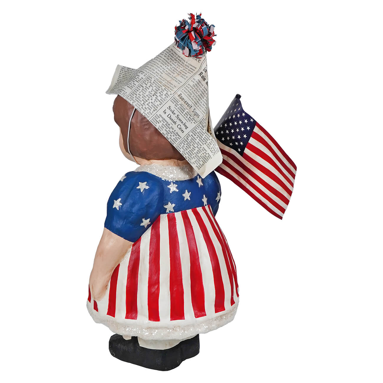 Betsy ross display figure by bethany lowe 30th featuring a girl figurine with newspaper hat holding american flag