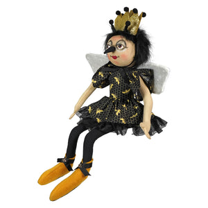 Betty bee doll by joe spencer features a black and gold bee theme with glitter crown lace dress and yellow boots for spring and garden decor