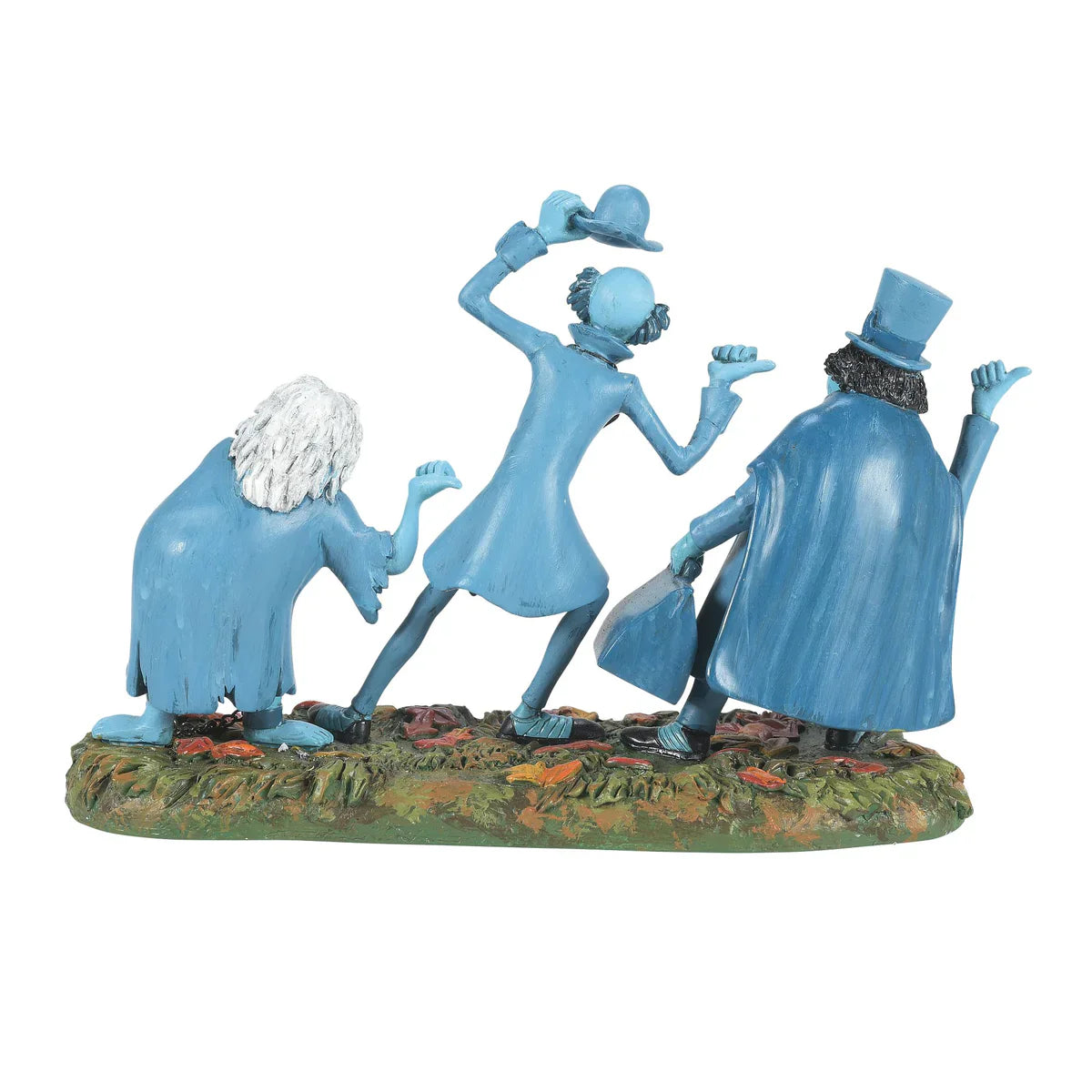 Blue hand-painted resin figural decor set beware of hitchhikers with three whimsical characters in formal attire on base