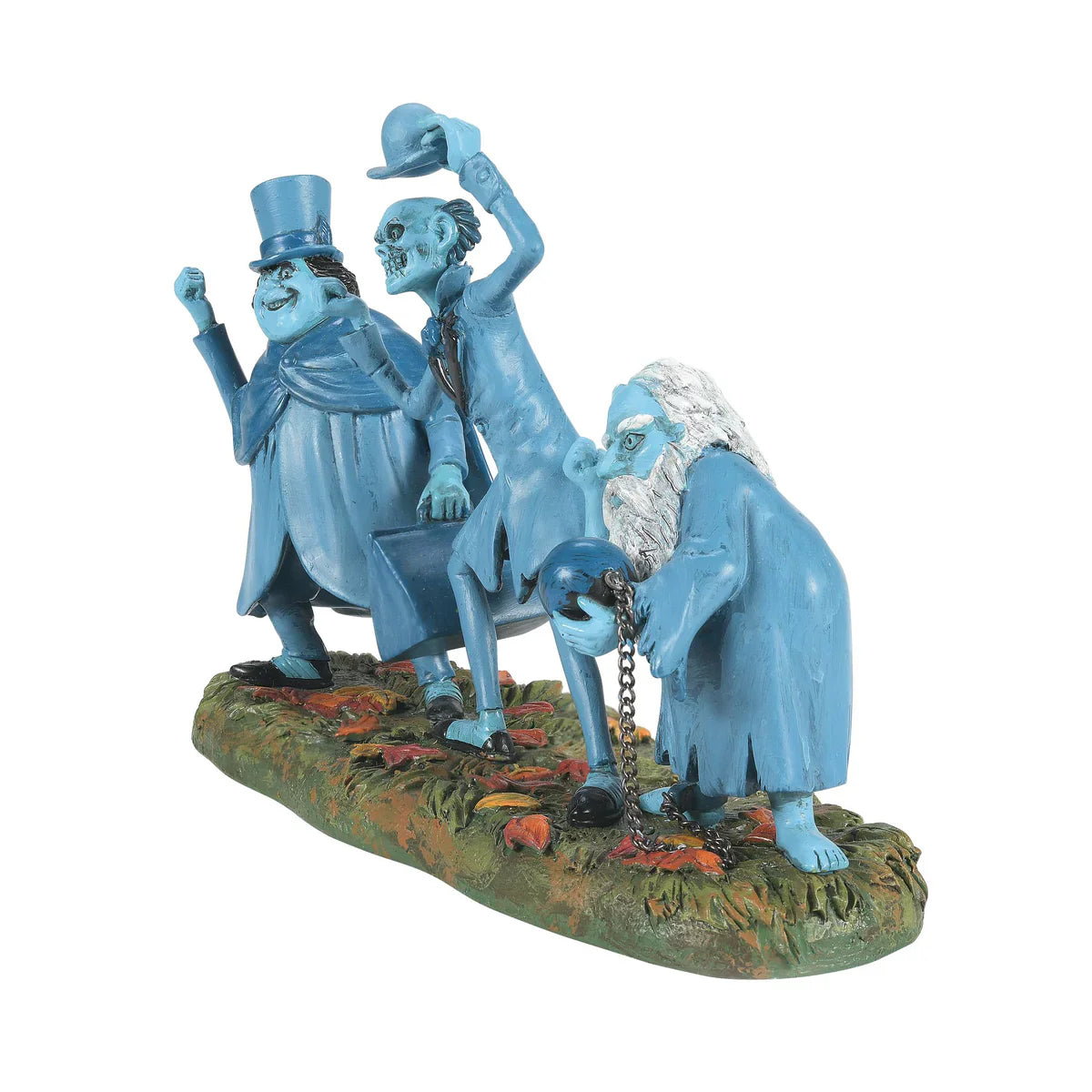 Blue hand-painted resin figural decor of three skeletal characters dressed formally for unique tree toppers