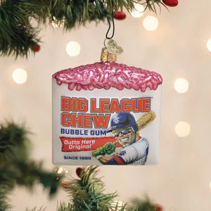Big league chew ornament glossy glass with pink glitter frosting and blue baseball player perfect christmas glass ornament from a family owned brand