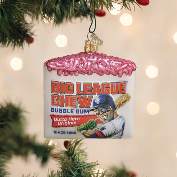 Big league chew ornament glossy glass with pink glitter frosting and blue baseball player perfect christmas glass ornament from a family owned brand