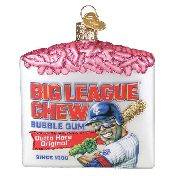 Glossy white glass league chew ornament shaped like a bubble gum pack with pink frosting and a smiling baseball player design