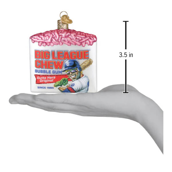 A white glass big league chew ornament with pink frosting and a baseball player illustration christmas glass ornament family owned