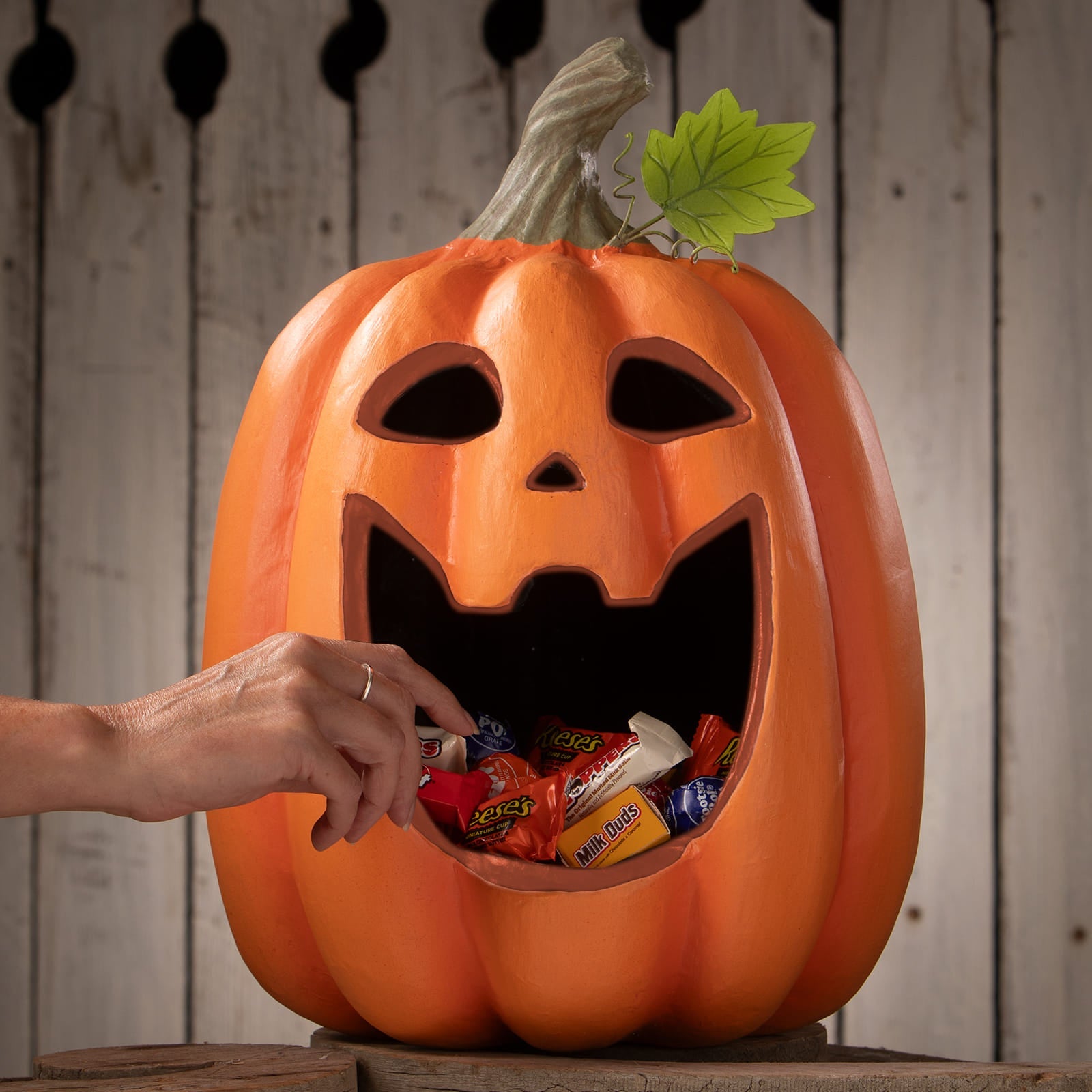 Big mouth jack o lantern orange plastic jack o lantern candy container with carved face and green leaf stem for halloween pumpkins and gourds