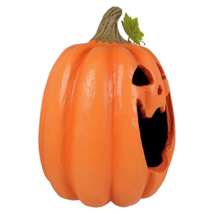 Big mouth jack o lantern orange plastic halloween pumpkin with carved face and green stem for halloween spooks jar