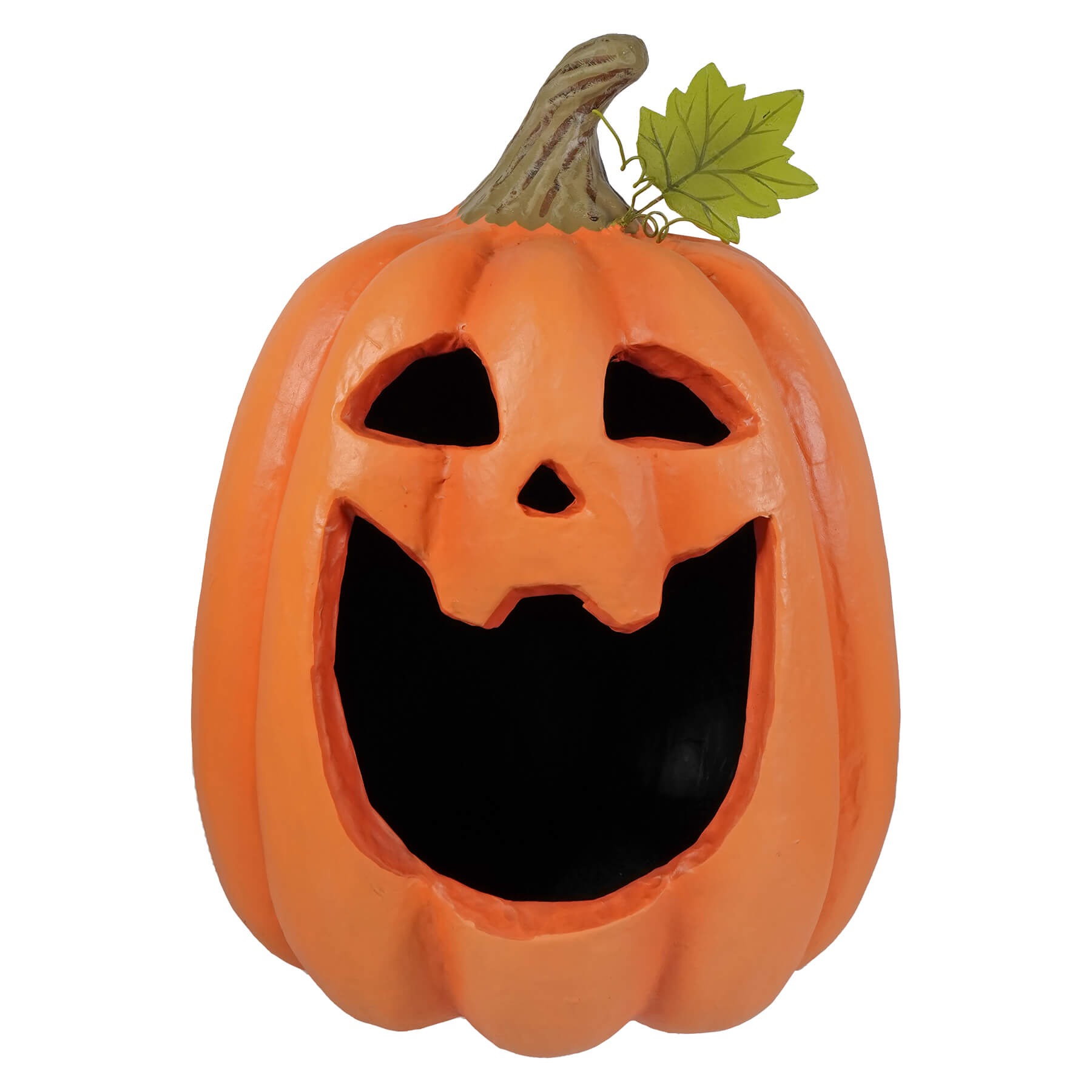 Big mouth jack o lantern orange plastic halloween pumpkin with carved face and green leafy stem for spooky decor