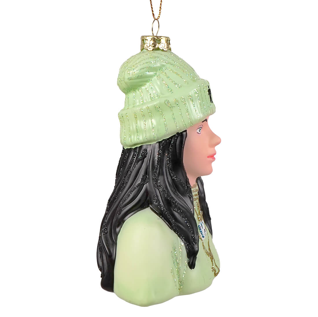 A translucent light green glass ornament featuring billie eilish bust with ribbed knit beanie and black glittery hair