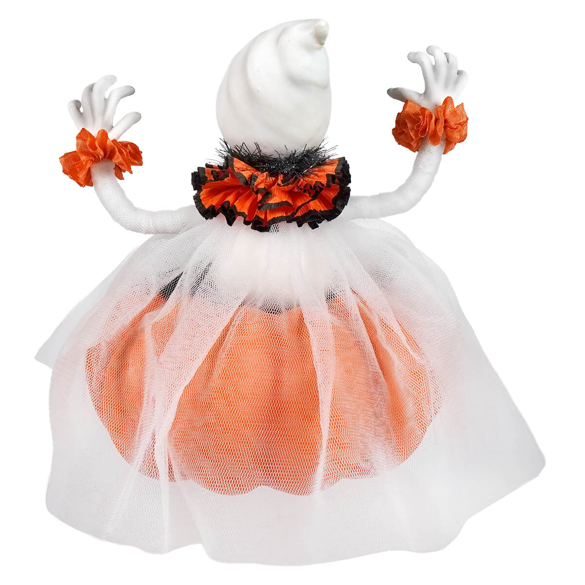 A white binx boo ghost figurine with orange ruffled accents and a sheer tulle skirt perfect for ghost decor