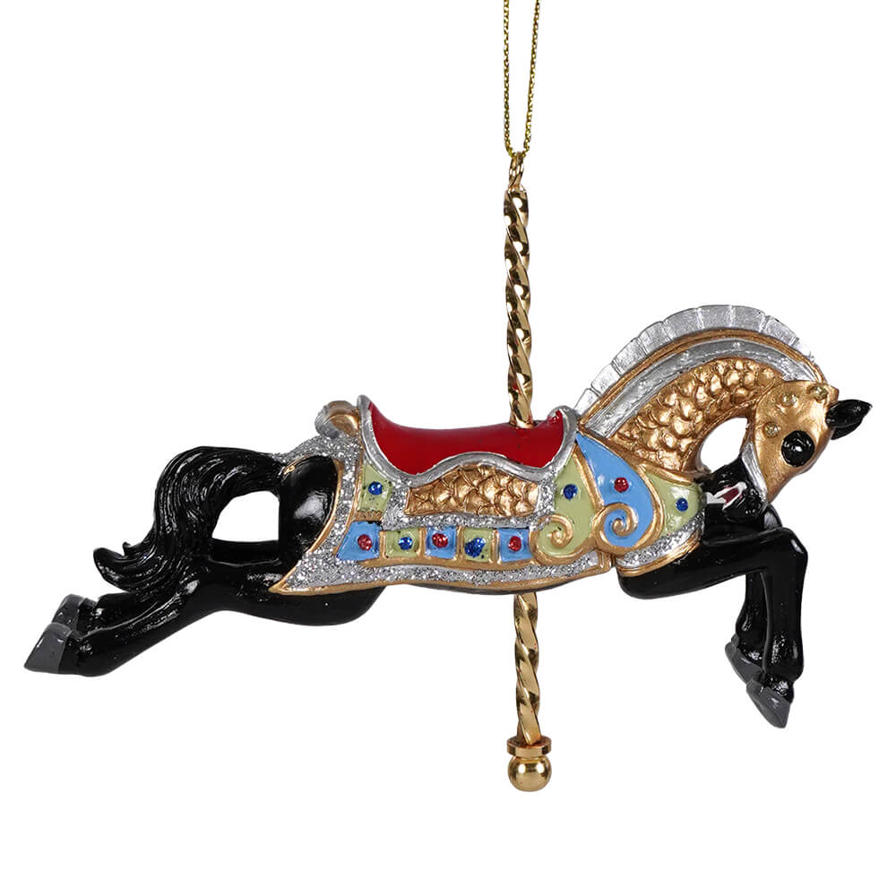 Black armored horse carousel ornament by kurt adler featuring a detailed horse ornament perfect for holiday decor
