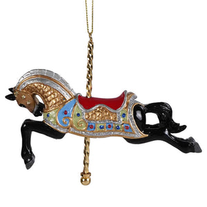 Black armored horse carousel ornament with glossy body, gold accents, gemstones, and red saddle kurt adler ornament