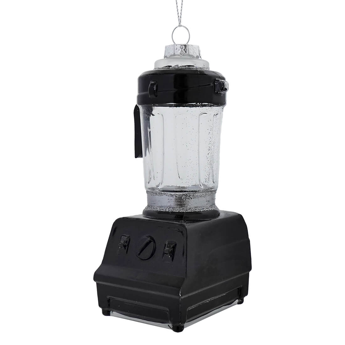 Black blender glass ornament with clear pitcher and silver glitter finish hanging loop for household everyday item decor