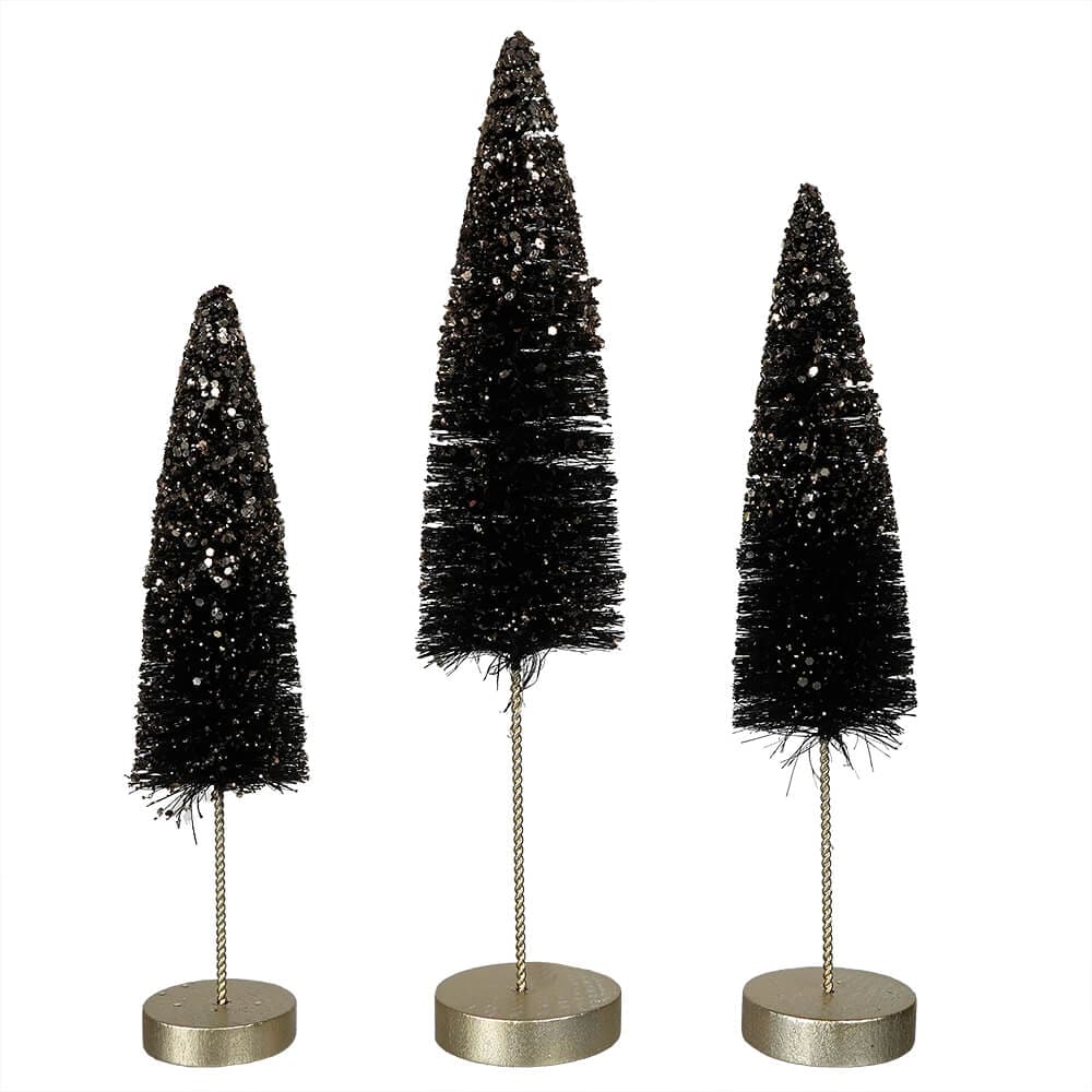 Black Bottle Brush Trees with Gold Glitter Set/3