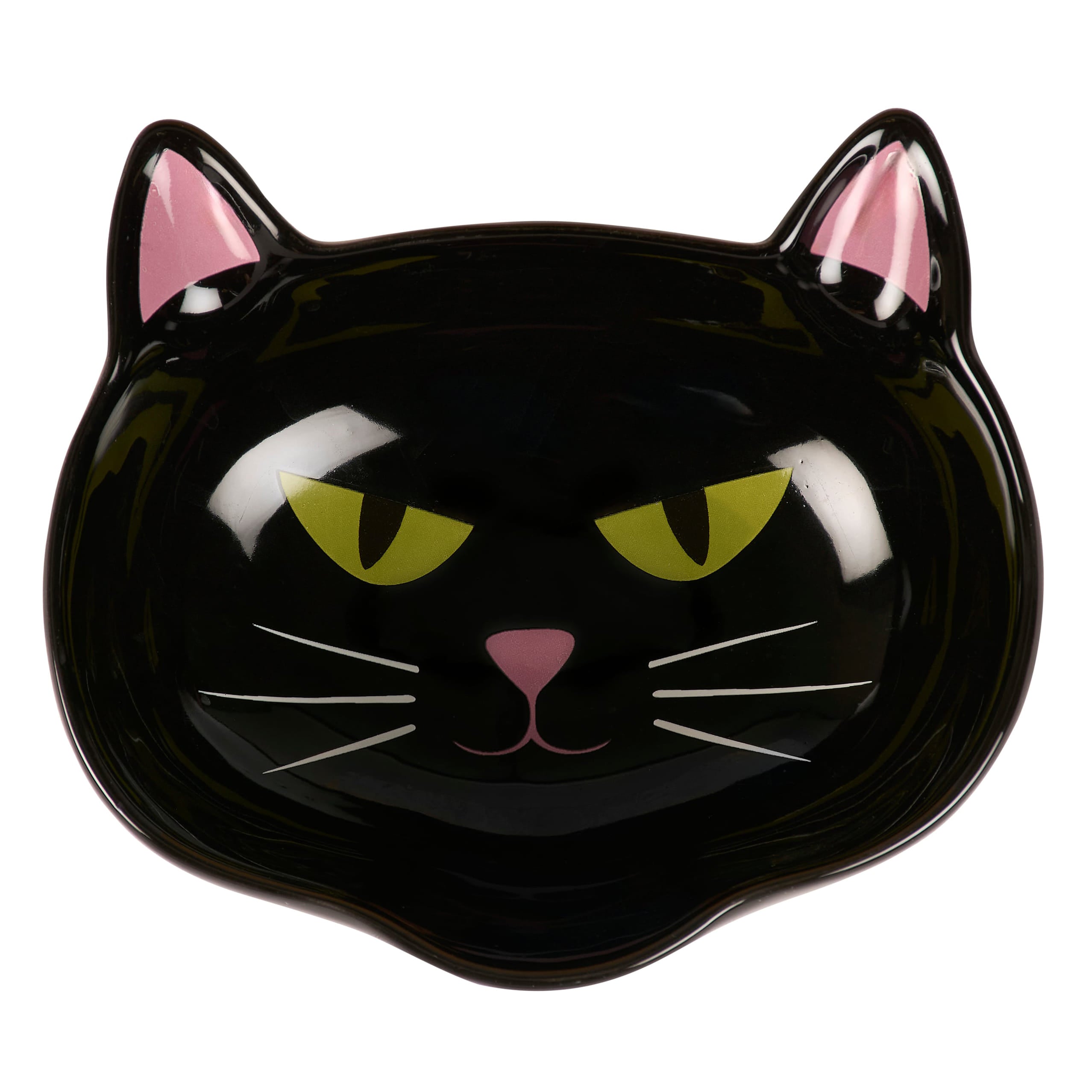 Black cat bowl in black ceramic shaped like a cat with pink inner ears yellow eyes and white whiskers