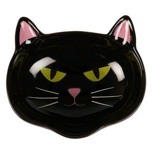 Black cat bowl in black ceramic shaped like a cat with pink inner ears yellow eyes and white whiskers