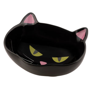 Black cat bowl made of glossy black ceramic shaped like a cat with pink ears, yellow eyes, and a pink nose