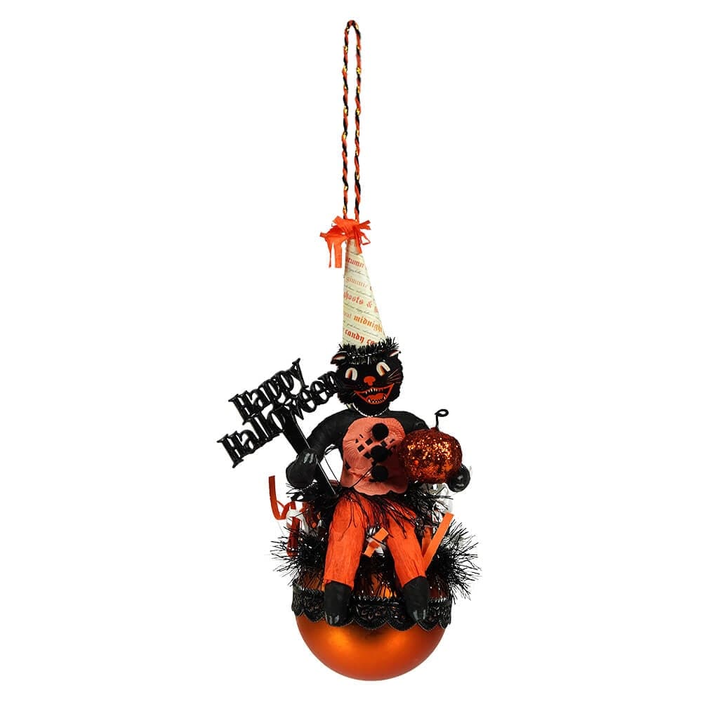 Black Cat Boy on Orange Ball Ornament