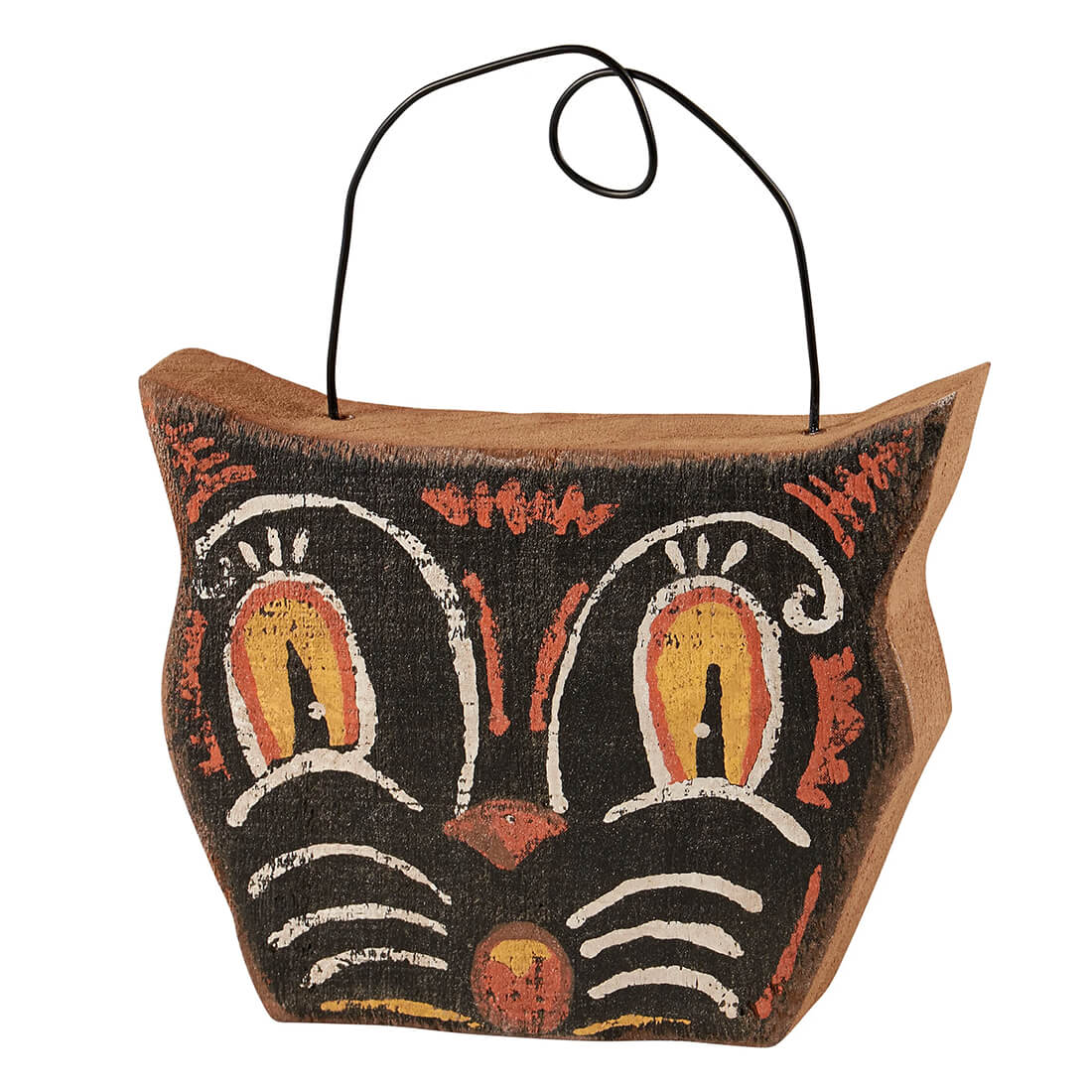 Black cat chunky sitter and hanger with rustic hand painted face orange and white accents on wooden base perfect for halloween cats