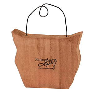 A light brown wooden black cat chunky sitter and hanger with black wire handle and engraved branding perfect for halloween cats