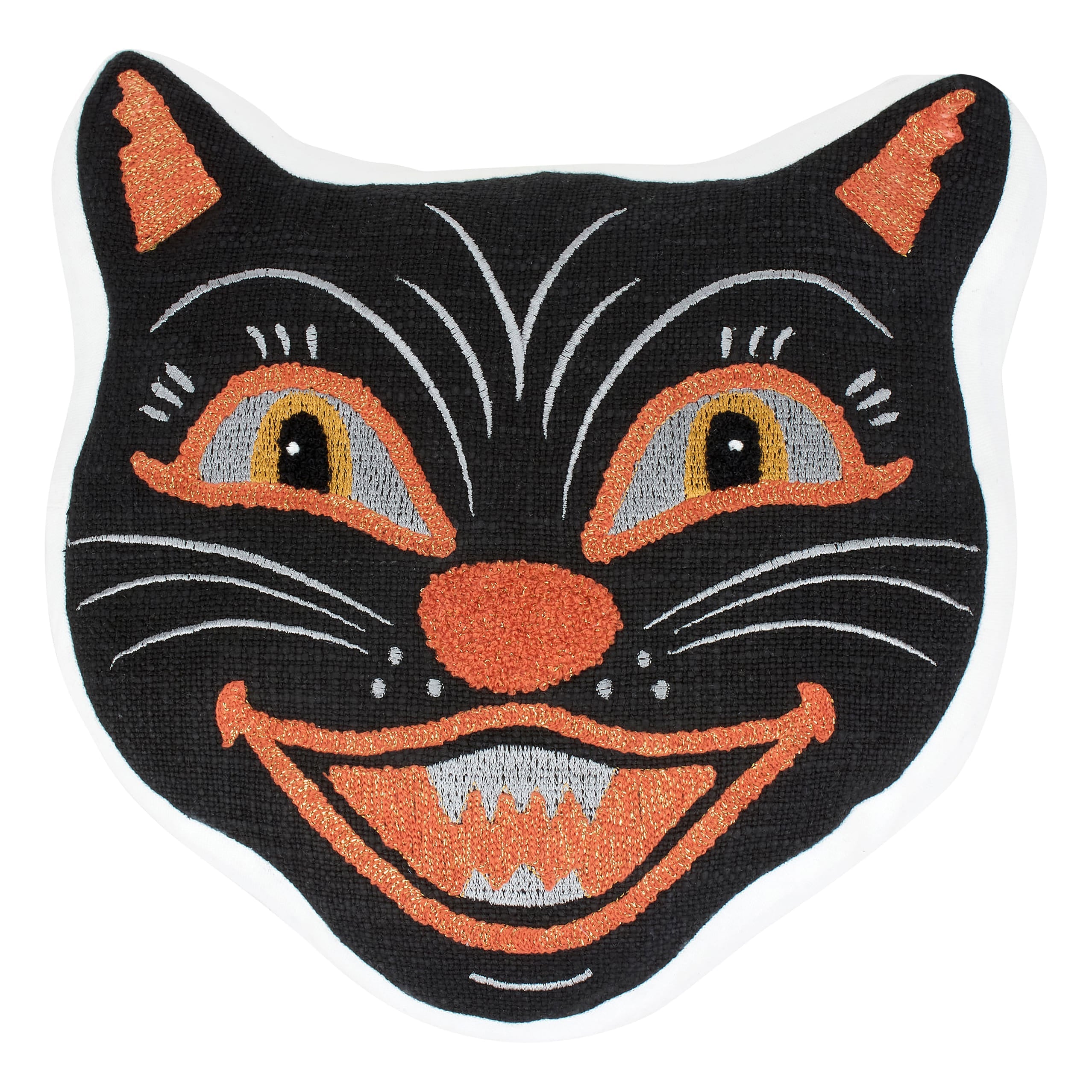 Black cat face shaped pillow with an embroidered black cat face patch featuring orange and white accents and a wide grin