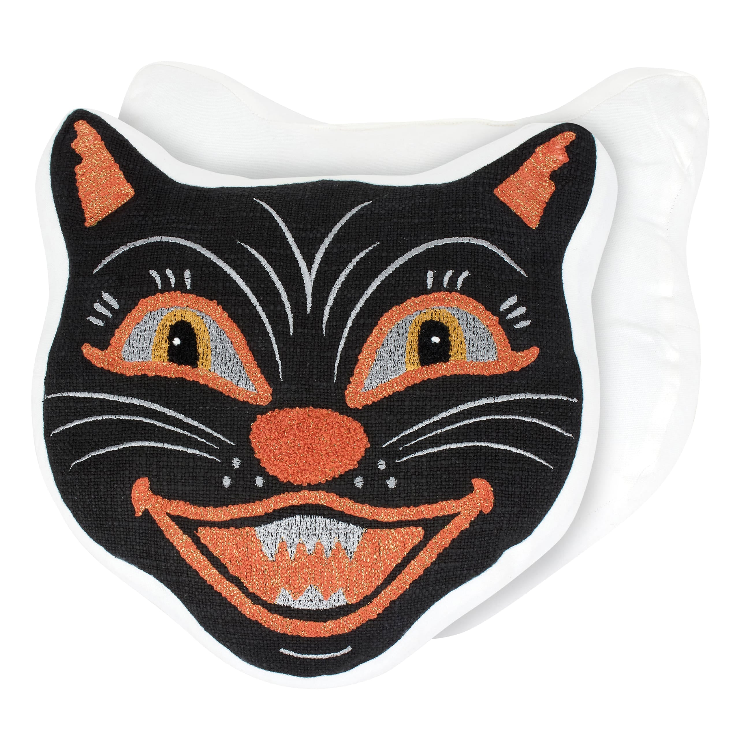Black cat face shaped pillow with black and orange embroidered cat face and white trim perfect for cozy decor