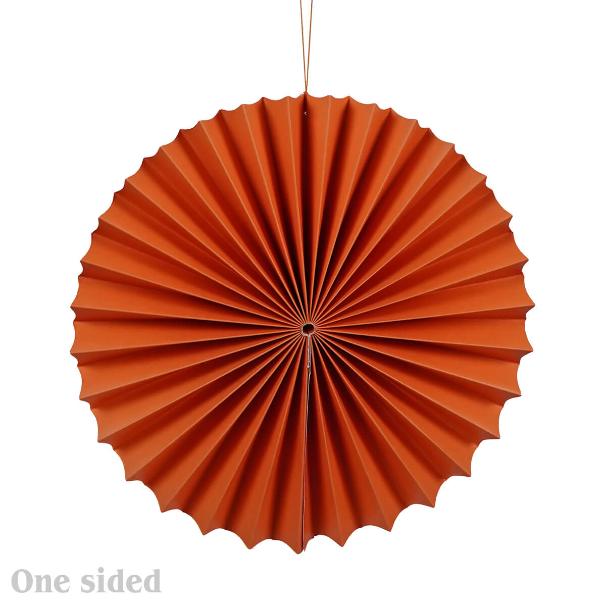 Circular orange paper fan with pleated folds radiating from the center.