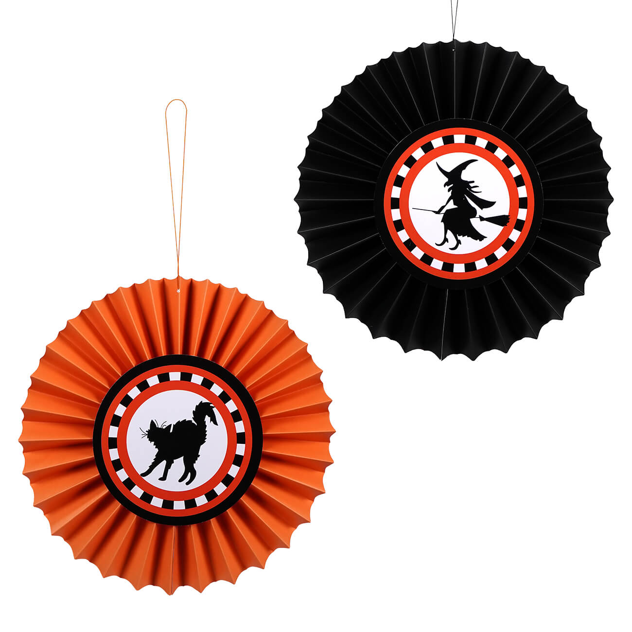 Halloween-themed paper fan decorations featuring a black cat and a witch silhouette.