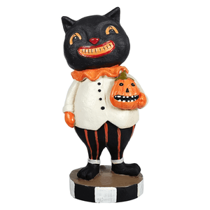 Black cat holding jack-o-lantern with orange eyes and pumpkin dressed in striped pants halloween figural decor