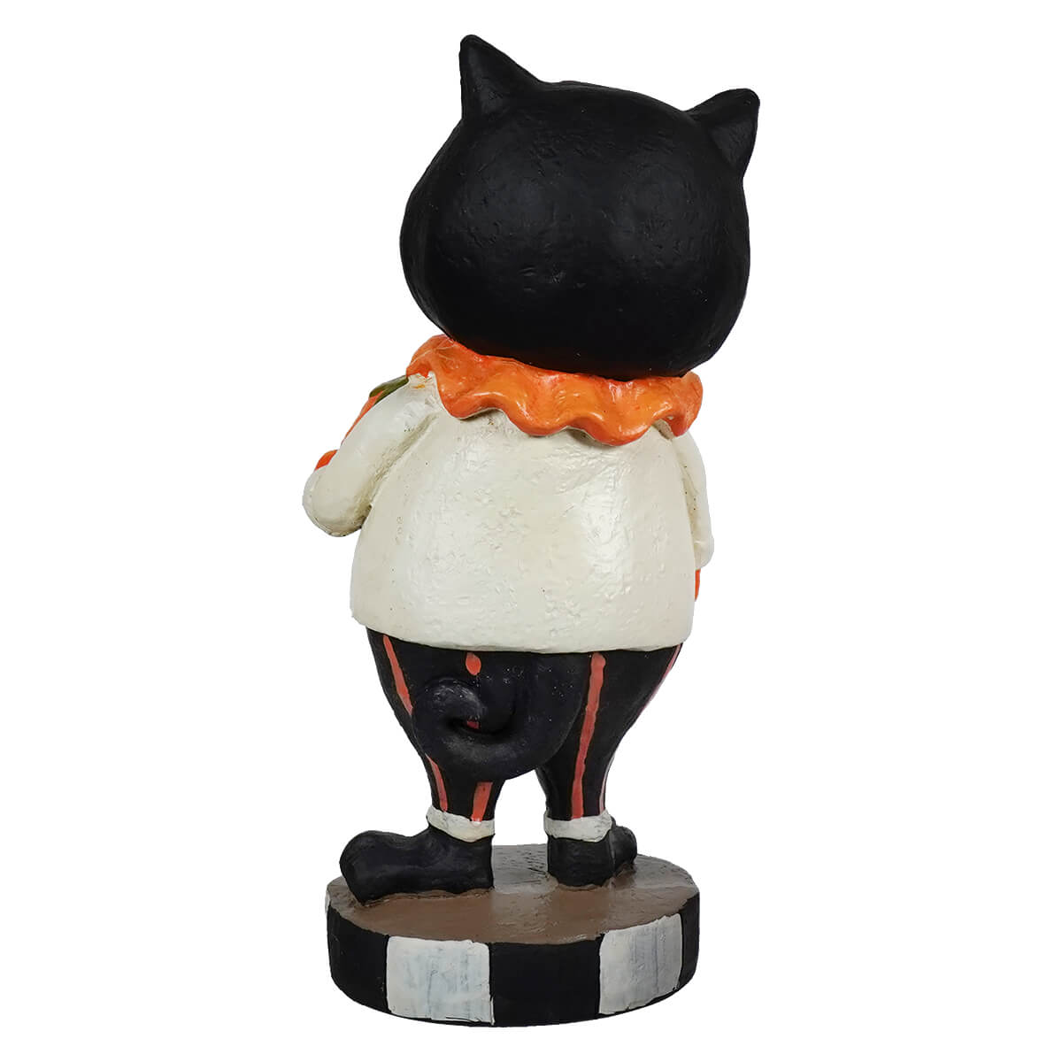 Black cat holding jack o lantern figurine with orange ruffled collar white shirt and black pants halloween figural decor