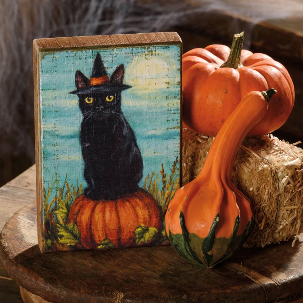 Black Cat Witch Block Sign - Halloween