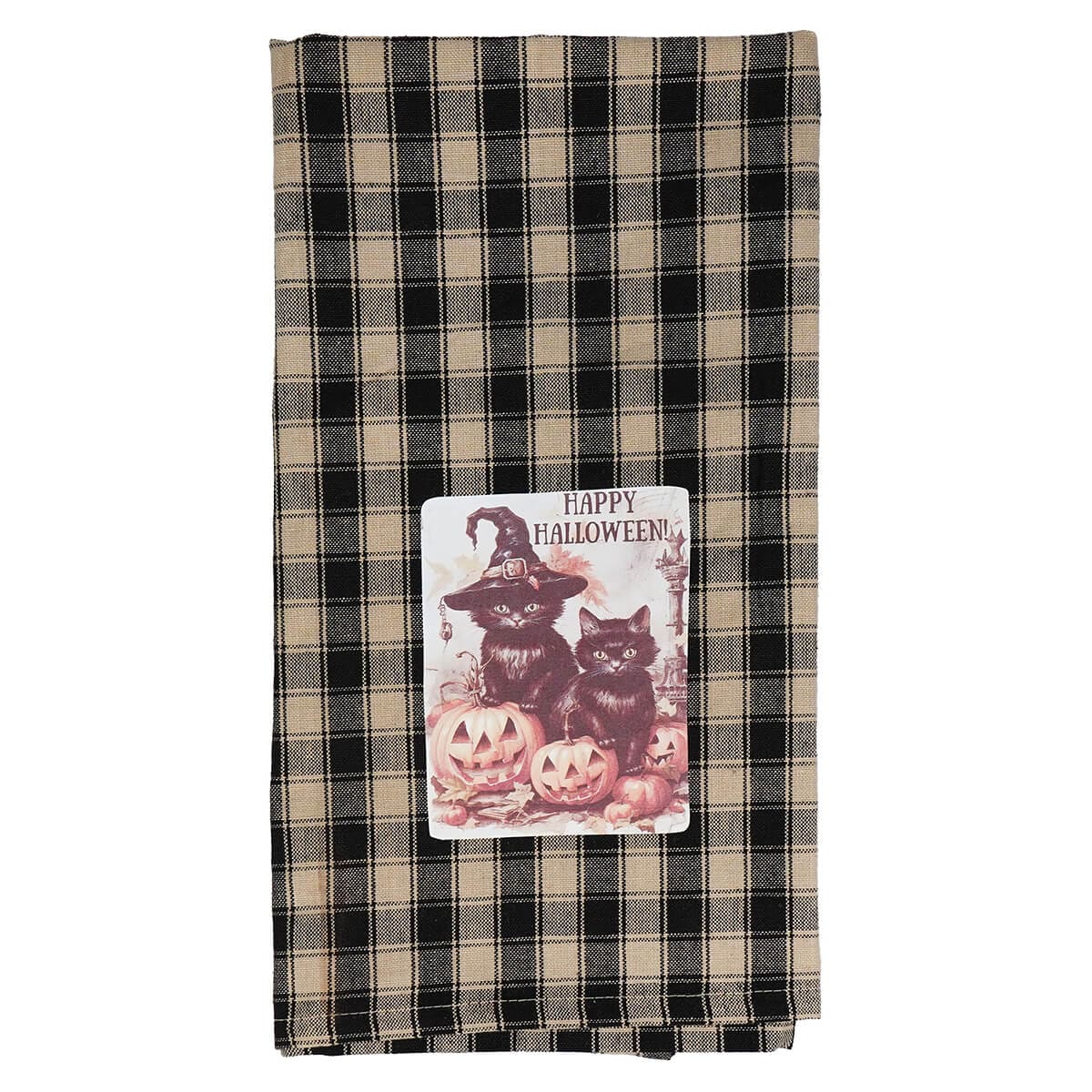 Black Cats & Jack-O’-Lanterns ’Happy Halloween’ Plaid Black & Cream Towel - Halloween