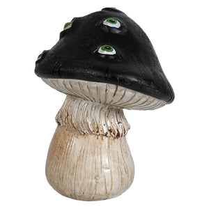 Black creepy mushroom figurine with textured off-white stem and glowing green eyes from transpac’s fright night