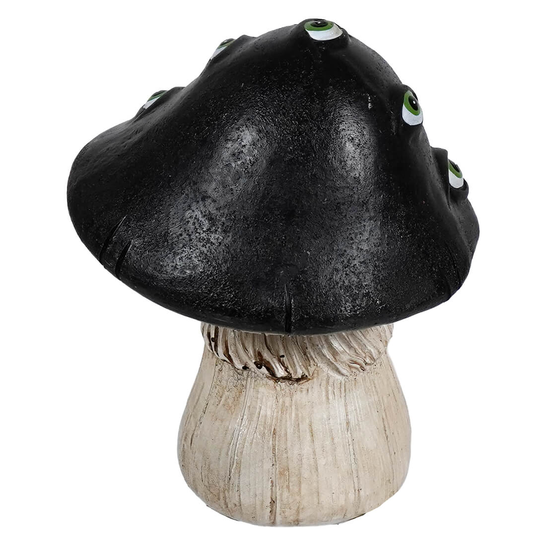 Black creepy mushroom figurine with green eyes and textured off-white stem from transpac’s fright night collection