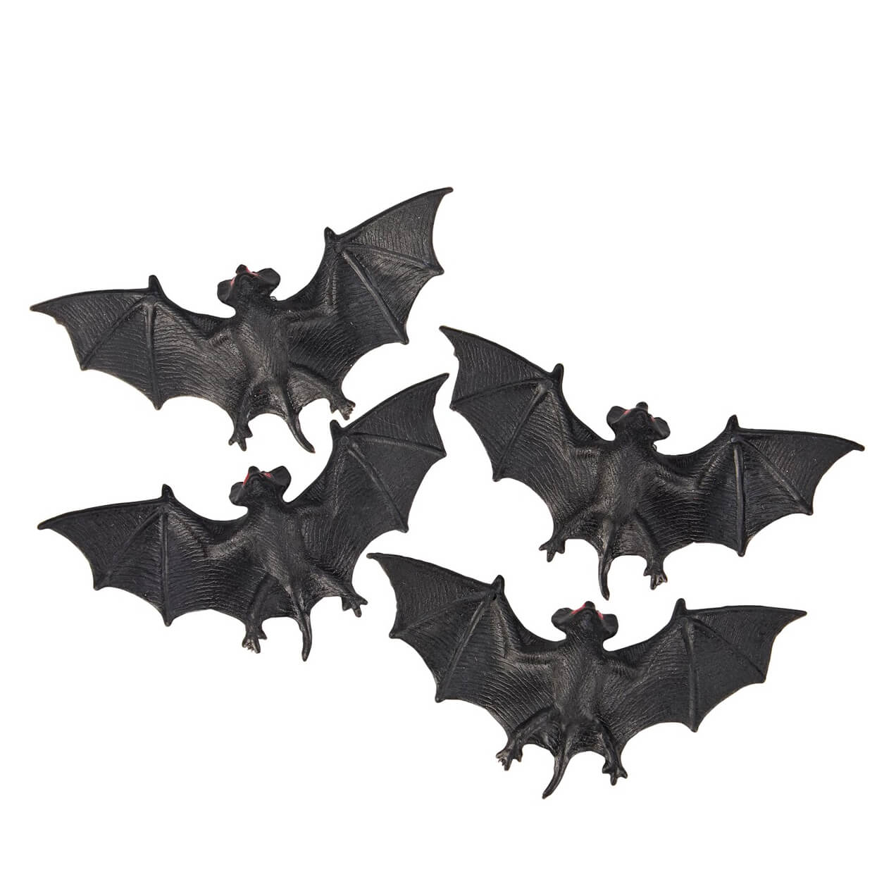 Black flying bats set of 8 made of black plastic with textured wings and small red eyes for spooky decor