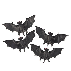 Black flying bats set of 8 made of black plastic with textured wings and small red eyes for spooky decor