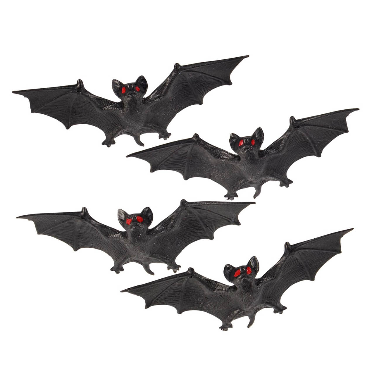 Four black flying bats made of plastic with red eyes perfect for spooky decorations in a set of eight
